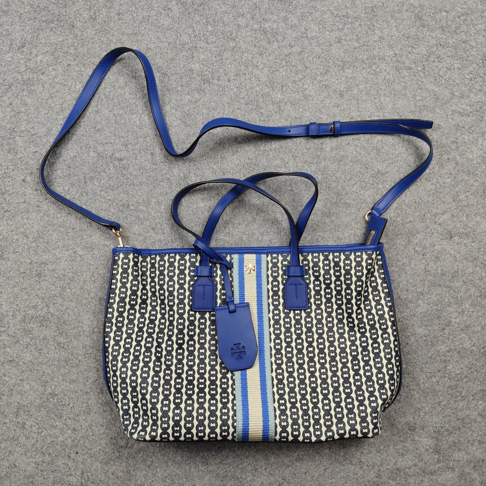 Tory Burch Gemini Link Canvas Tote Bag Womens Small Bondi Blue Leather Zip New